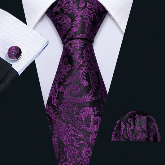 Black & Royal Purple Paisley Silk Tie, Pocket Square & Cufflinks Set tie sets - Sophisticated Gentlemen