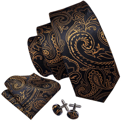 Black and Gold Paisley Silk Tie, Pocket Square, and Cufflinks Set tie sets - Sophisticated Gentlemen