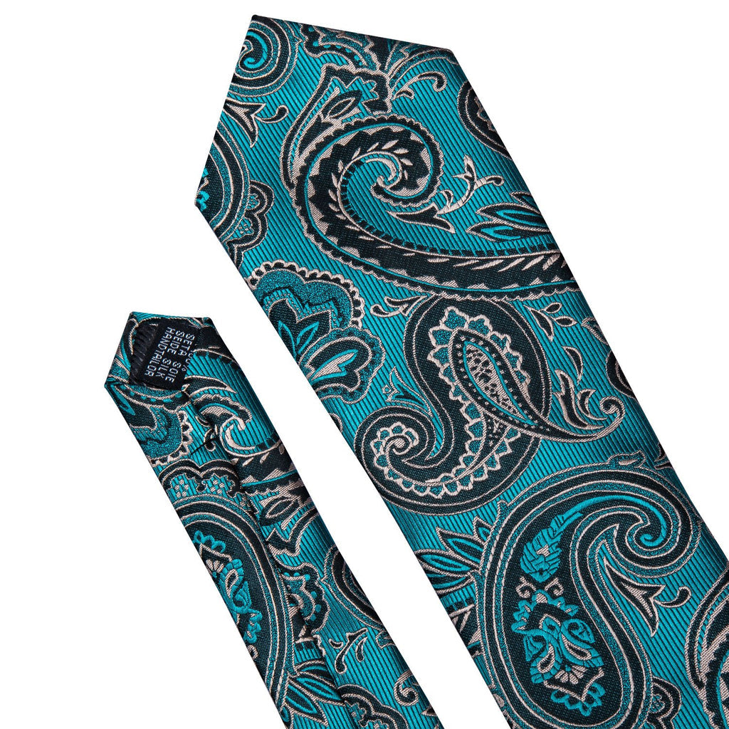 Blue Turquoise Black Paisley Tie, Pocket Square and Cufflinks Set tie sets    - Sophisticated Gentlemen