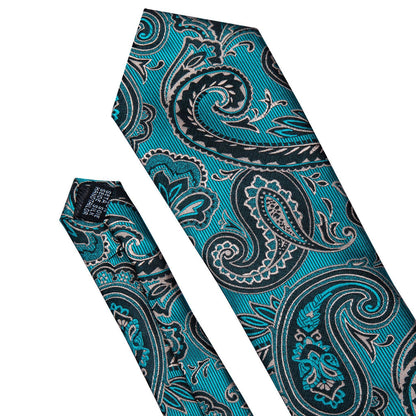 Blue Turquoise Black Paisley Tie, Pocket Square and Cufflinks Set tie sets    - Sophisticated Gentlemen