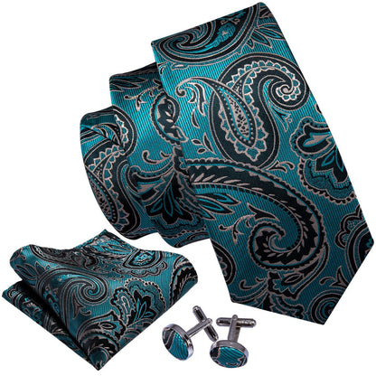 Blue Turquoise Black Paisley Tie, Pocket Square and Cufflinks Set tie sets    - Sophisticated Gentlemen