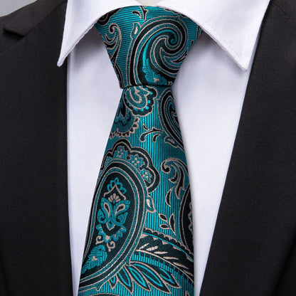 Blue Turquoise Black Paisley Tie, Pocket Square and Cufflinks Set tie sets    - Sophisticated Gentlemen
