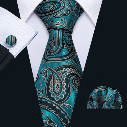 Blue Turquoise Black Paisley Tie, Pocket Square and Cufflinks Set tie sets    - Sophisticated Gentlemen