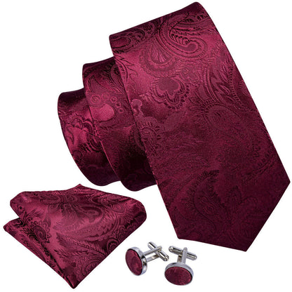 Burgundy Red Paisley Tie, Pocket Square and Cufflinks Set tie sets    - Sophisticated Gentlemen