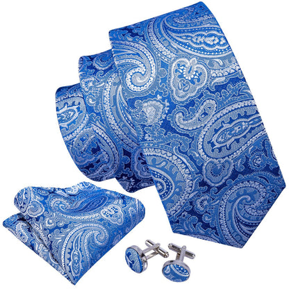 Silver Blue Paisley Tie, Pocket Square and Cufflinks Set tie sets    - Sophisticated Gentlemen