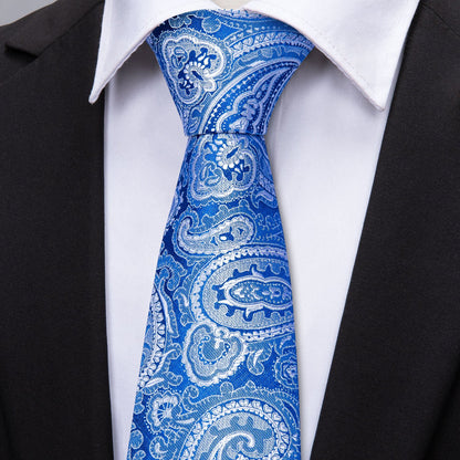Silver Blue Paisley Tie, Pocket Square and Cufflinks Set tie sets    - Sophisticated Gentlemen