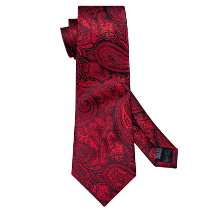 Regal Black and Red Paisley Silk Tie Set with Pocket Square and Cufflinks tie sets - Sophisticated Gentlemen