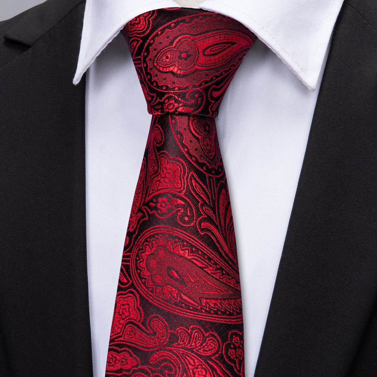 Regal Black and Red Paisley Silk Tie Set with Pocket Square and Cufflinks tie sets - Sophisticated Gentlemen