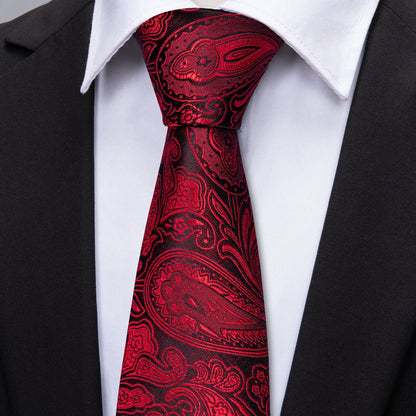 Regal Black and Red Paisley Silk Tie Set with Pocket Square and Cufflinks tie sets - Sophisticated Gentlemen