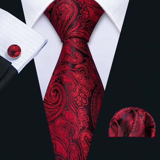 Regal Black and Red Paisley Silk Tie Set with Pocket Square and Cufflinks tie sets - Sophisticated Gentlemen