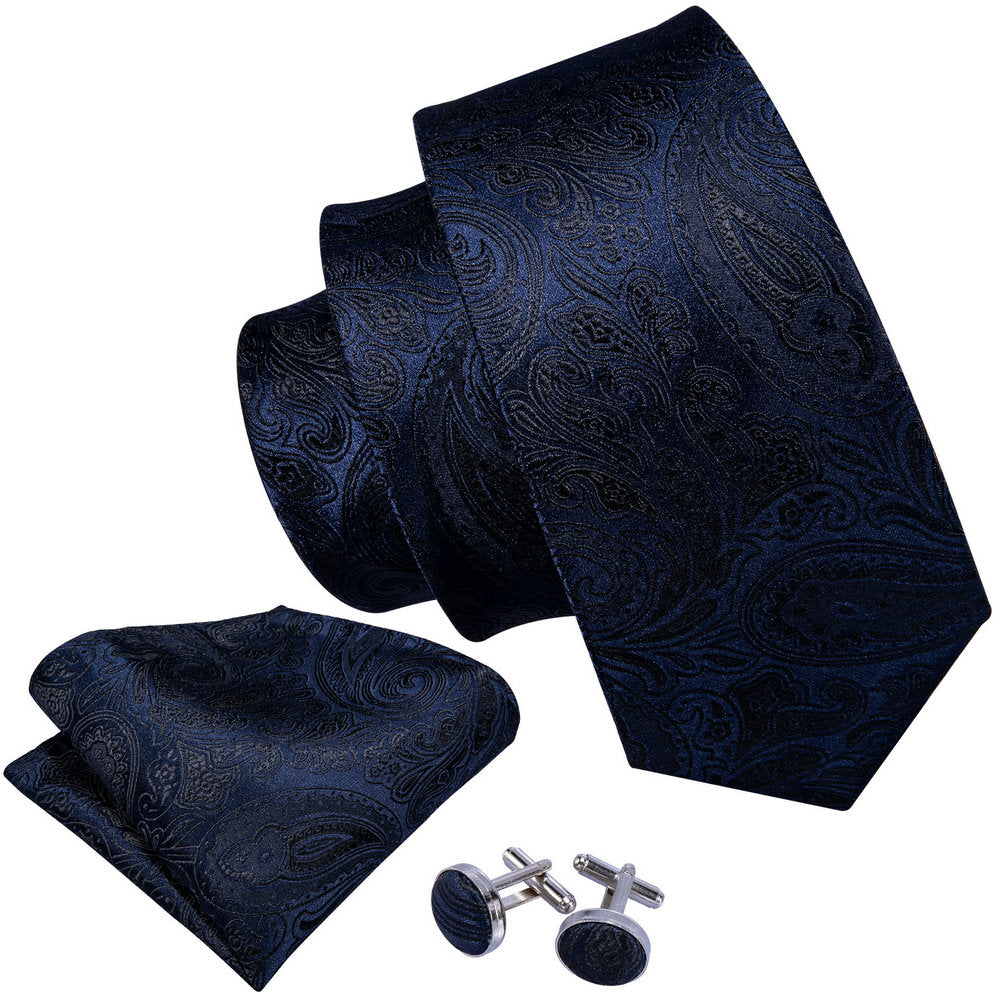 Dark Black Blue Paisley Tie, Pocket Square and Cufflinks Set tie sets    - Sophisticated Gentlemen