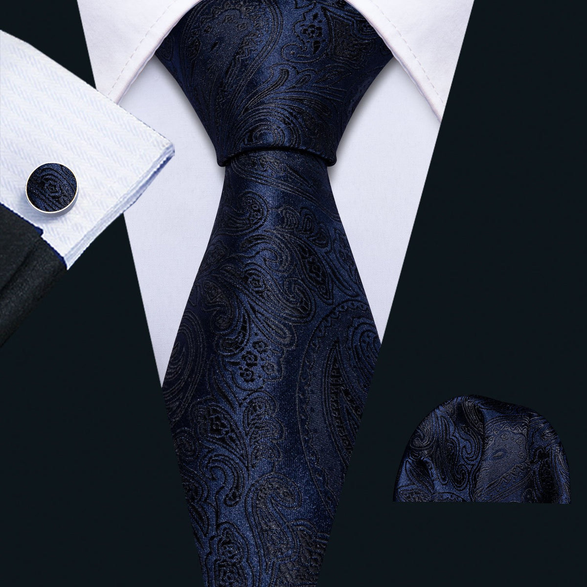 Dark Black Blue Paisley Tie, Pocket Square and Cufflinks Set tie sets    - Sophisticated Gentlemen
