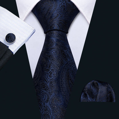 Dark Black Blue Paisley Tie, Pocket Square and Cufflinks Set tie sets    - Sophisticated Gentlemen