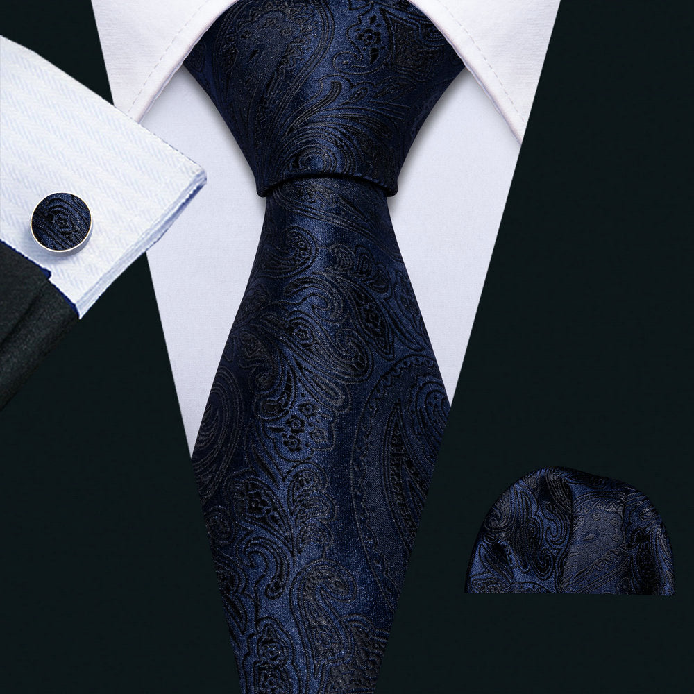 Dark Black Blue Paisley Tie, Pocket Square and Cufflinks Set tie sets    - Sophisticated Gentlemen