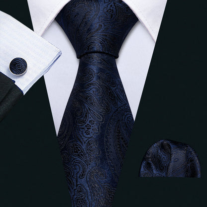 Dark Black Blue Paisley Tie, Pocket Square and Cufflinks Set tie sets    - Sophisticated Gentlemen