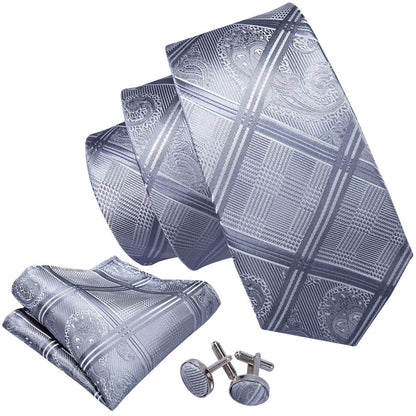 Silver Gray Plaid Tie, Pocket Square and Cufflinks Set tie sets    - Sophisticated Gentlemen
