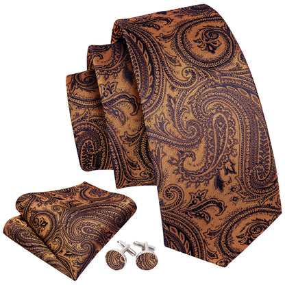 Brown Black Paisley Tie, Pocket Square and Cufflinks Set tie sets    - Sophisticated Gentlemen