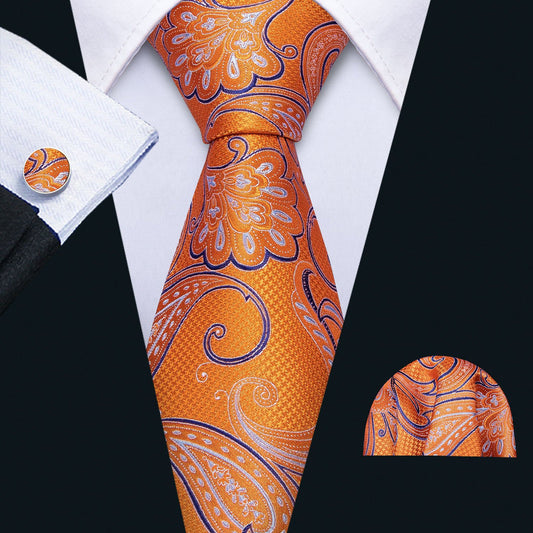Vibrant Orange and Blue Paisley Silk Tie Set with Pocket Square and Cufflinks tie sets - Sophisticated Gentlemen
