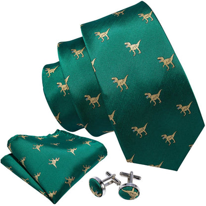Green Dinosaur Jacquard Silk Tie, Pocket Square and Cufflinks Set tie sets - Sophisticated Gentlemen