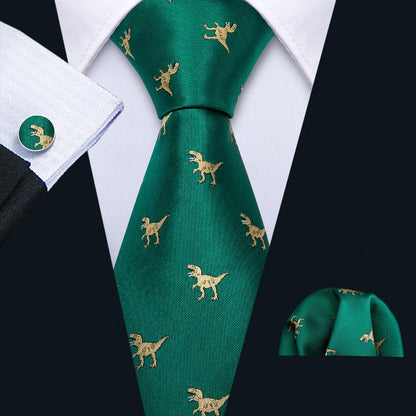 Green Dinosaur Jacquard Silk Tie, Pocket Square and Cufflinks Set tie sets - Sophisticated Gentlemen