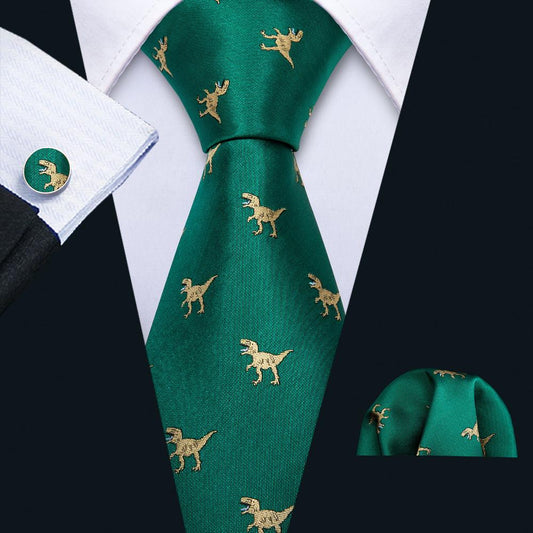 Green Dinosaur Jacquard Silk Tie, Pocket Square and Cufflinks Set tie sets - Sophisticated Gentlemen