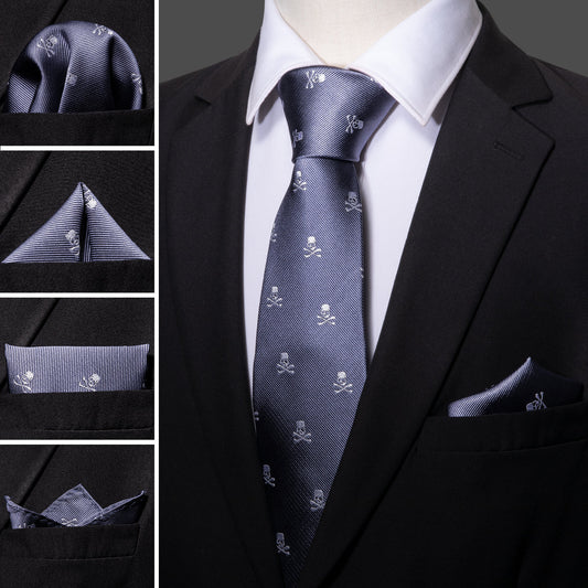 Light Midnight Blue Skull Novelty Tie, Pocket Square and Cufflinks Set tie sets    - Sophisticated Gentlemen