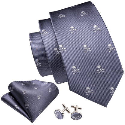 Light Midnight Blue Skull Novelty Tie, Pocket Square and Cufflinks Set tie sets    - Sophisticated Gentlemen