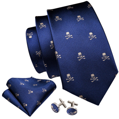 Navy Blue Novelty Skull Tie, Pocket Square and Cufflinks Set tie sets    - Sophisticated Gentlemen