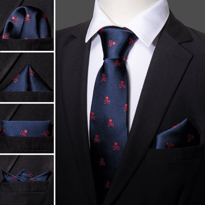 Blue Red Skull Novelty Tie, Pocket Square and Cufflinks Set tie sets    - Sophisticated Gentlemen