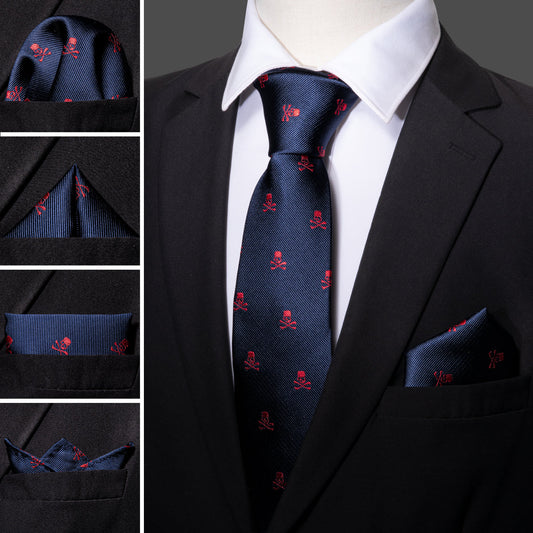 Blue Red Skull Novelty Tie, Pocket Square and Cufflinks Set tie sets    - Sophisticated Gentlemen