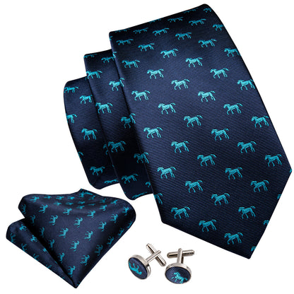 Blue Horse Novelty Tie, Pocket Square and Cufflinks Set tie sets    - Sophisticated Gentlemen