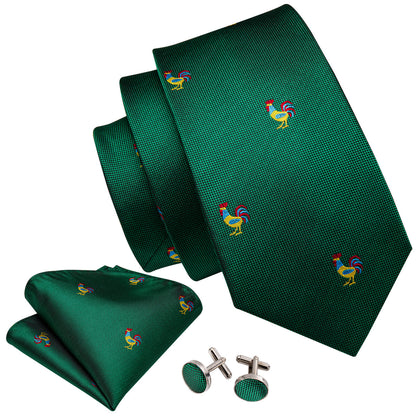Green Novelty Rooster Pattern Tie, Pocket Square and Cufflinks Set tie sets    - Sophisticated Gentlemen