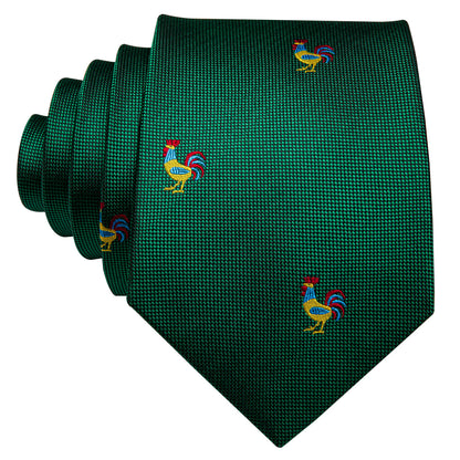 Green Novelty Rooster Pattern Tie, Pocket Square and Cufflinks Set tie sets    - Sophisticated Gentlemen