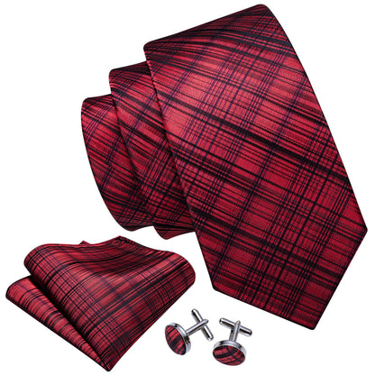 High Gloss Red Black Stripe Tie, Pocket Square and Cufflinks Set tie sets    - Sophisticated Gentlemen