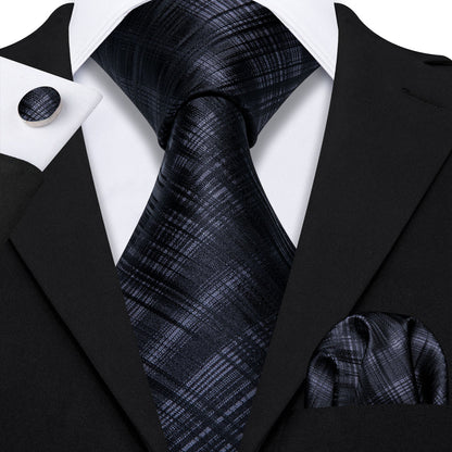 High Gloss Black Gray Stripe Tie, Pocket Square and Cufflinks Set tie sets    - Sophisticated Gentlemen