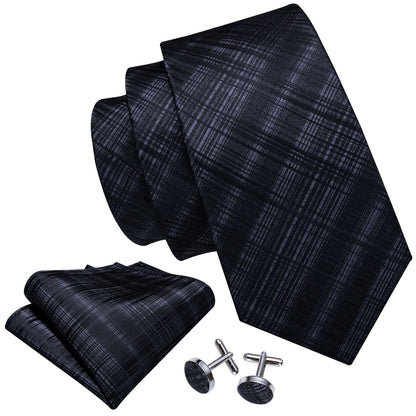 High Gloss Black Gray Stripe Tie, Pocket Square and Cufflinks Set tie sets    - Sophisticated Gentlemen