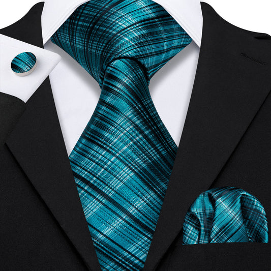 High Gloss Blue and Black Stripe Tie, Pocket Square and Cufflinks Set tie sets    - Sophisticated Gentlemen