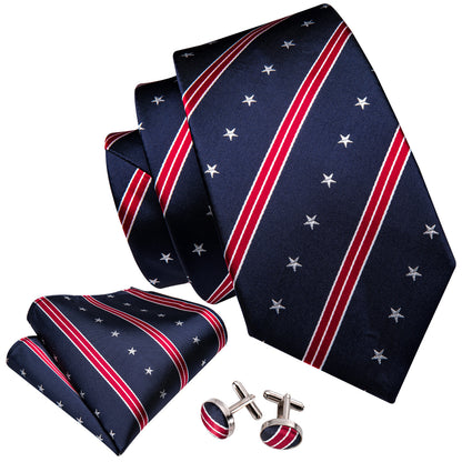Navy Patriotic Star & Stripe Tie, Pocket Square & Cufflinks Set – American Flag-Inspired Design tie set - Sophisticated Gentlemen