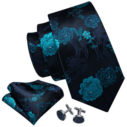 Black Blue Floral Silk Tie, Pocket Square and Cufflinks Set tie sets    - Sophisticated Gentlemen