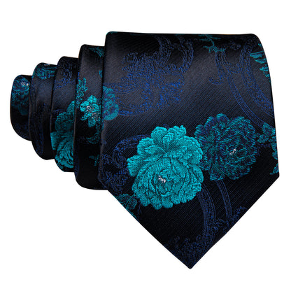 Black Blue Floral Silk Tie, Pocket Square and Cufflinks Set tie sets    - Sophisticated Gentlemen
