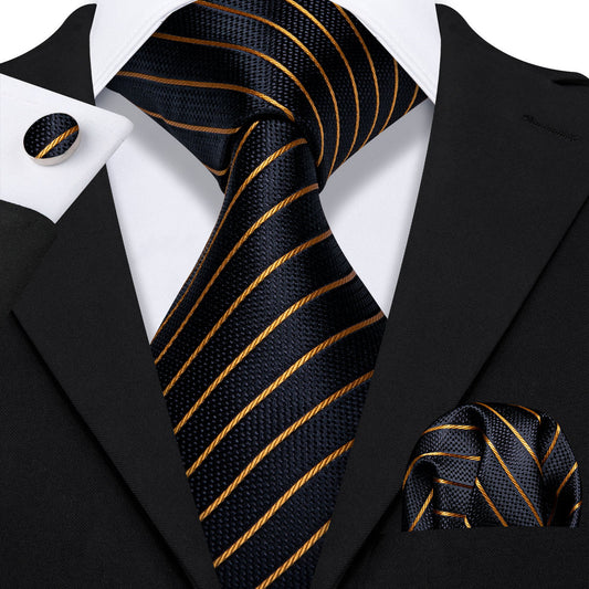 Opulent Black & Gold Striped Silk Tie Set with Pocket Square and Cufflinks tie sets - Sophisticated Gentlemen