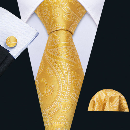 Gold Floral Silk Tie, Pocket Square and Cufflinks Set tie sets    - Sophisticated Gentlemen