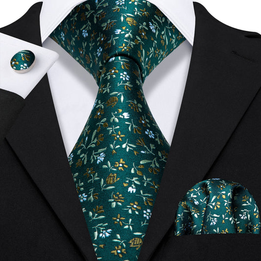 Olive Green Small Floral Tie, Pocket Square and Cufflinks Set tie sets    - Sophisticated Gentlemen
