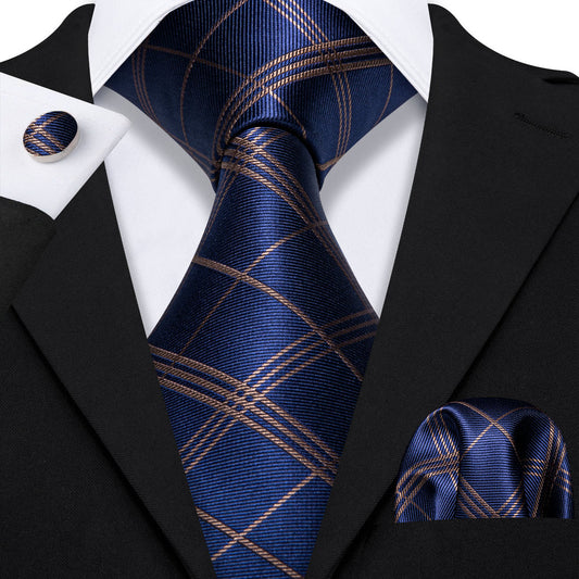 Deep Blue and Gold Striped Plaid Tie, Pocket Square and Cufflinks Set tie sets - Sophisticated Gentlemen