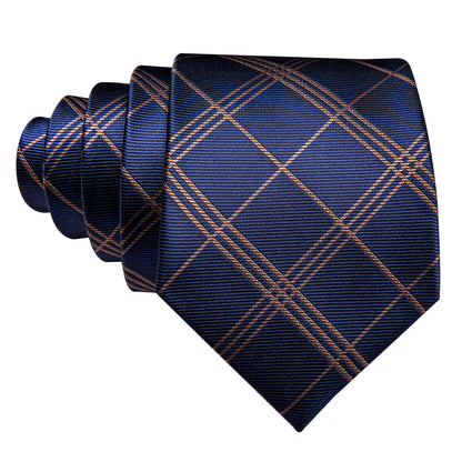 Deep Blue and Gold Striped Plaid Tie, Pocket Square and Cufflinks Set tie sets - Sophisticated Gentlemen