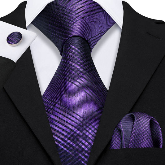 Purple & Black Stripe Plaid Silk Tie, Pocket Square & Cufflinks Set tie sets - Sophisticated Gentlemen