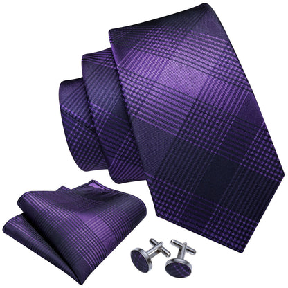 Purple & Black Stripe Plaid Silk Tie, Pocket Square & Cufflinks Set tie sets - Sophisticated Gentlemen
