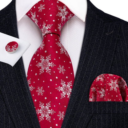 Red White Snowflake Christmas Silk Tie, Pocket Square and Cufflinks Set tie sets    - Sophisticated Gentlemen