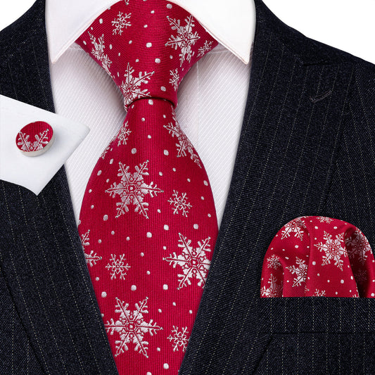 Red White Snowflake Christmas Silk Tie, Pocket Square and Cufflinks Set tie sets    - Sophisticated Gentlemen