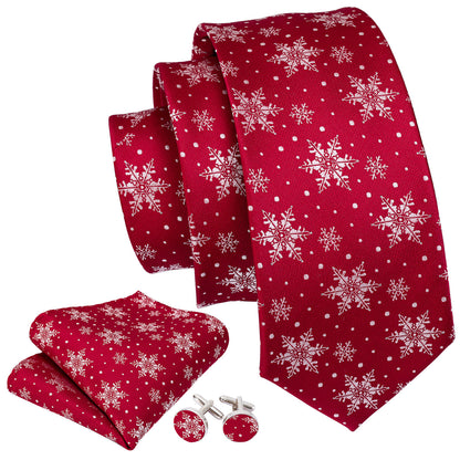 Red White Snowflake Christmas Silk Tie, Pocket Square and Cufflinks Set tie sets    - Sophisticated Gentlemen
